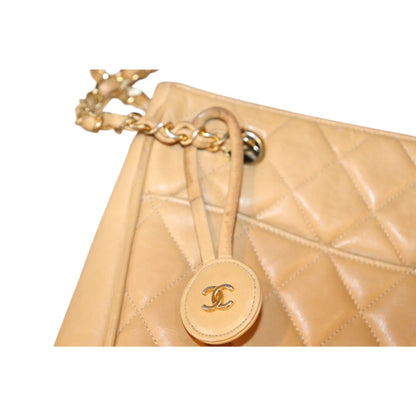 Chanel Quilted Beige Lamb Leather Shoulder Bag With Chain Strap & CC Charm