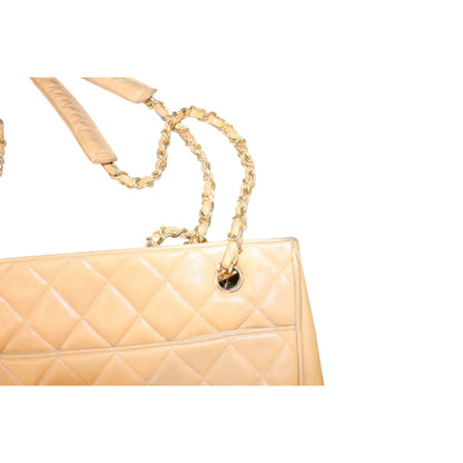 Chanel Quilted Beige Lamb Leather Shoulder Bag With Chain Strap & CC Charm