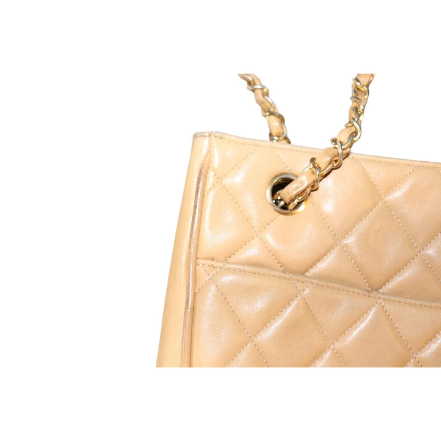 Chanel Quilted Beige Lamb Leather Shoulder Bag With Chain Strap & CC Charm