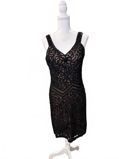 Sue Wong Black Lace Sleeveless Midi Dress with Low Back, 12