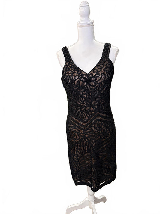 Sue Wong Black Lace Sleeveless Midi Dress with Low Back, 12