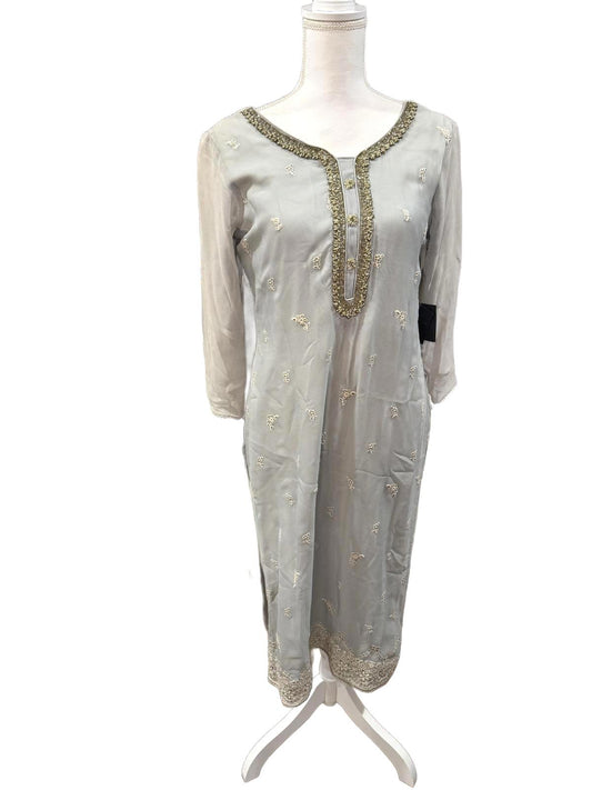 Nazila Couture Blue Gray Handmade Embroidered Silk Kurta Set with Wrap