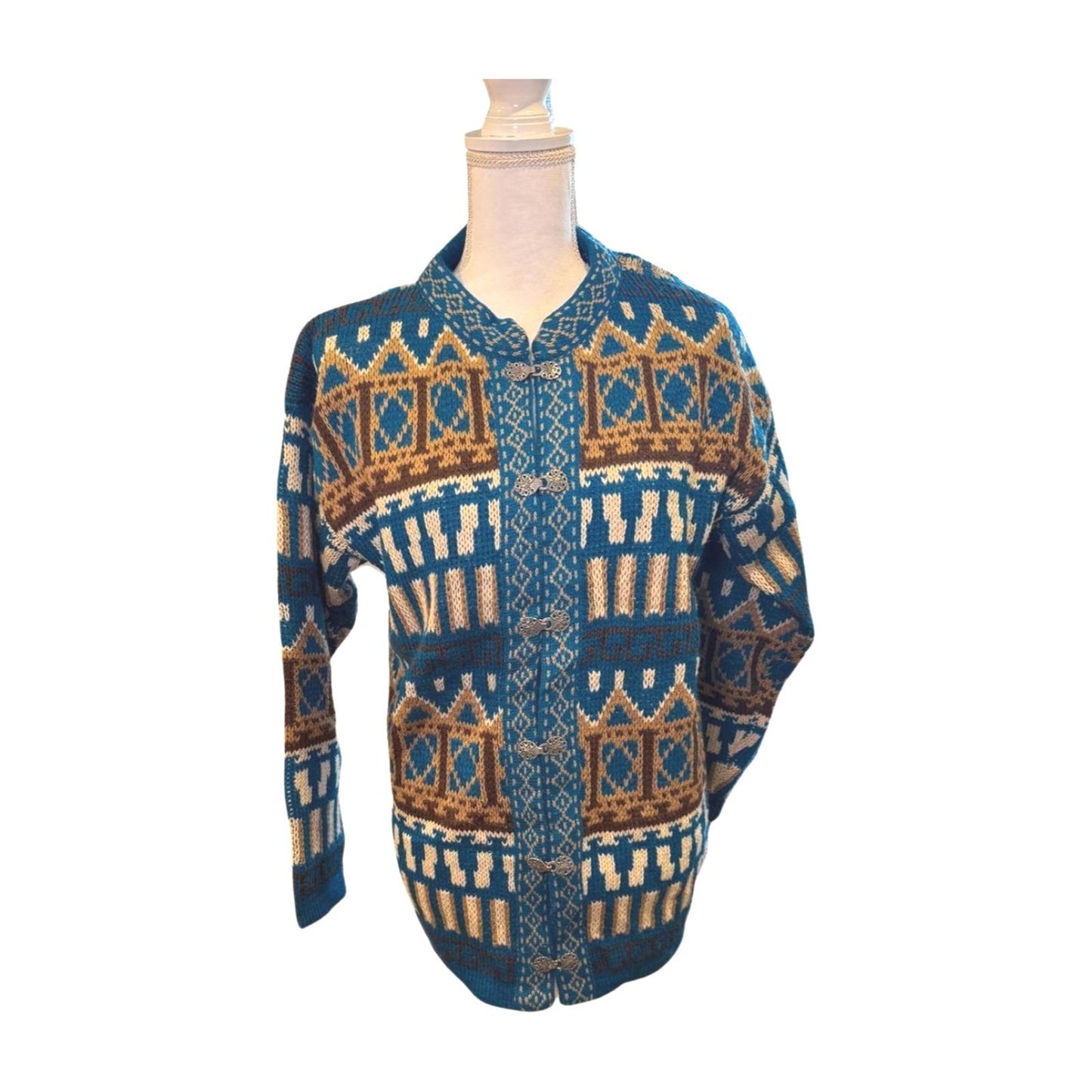 Norwegian Vintage Patterned Knit Cardigan Sweater, Large