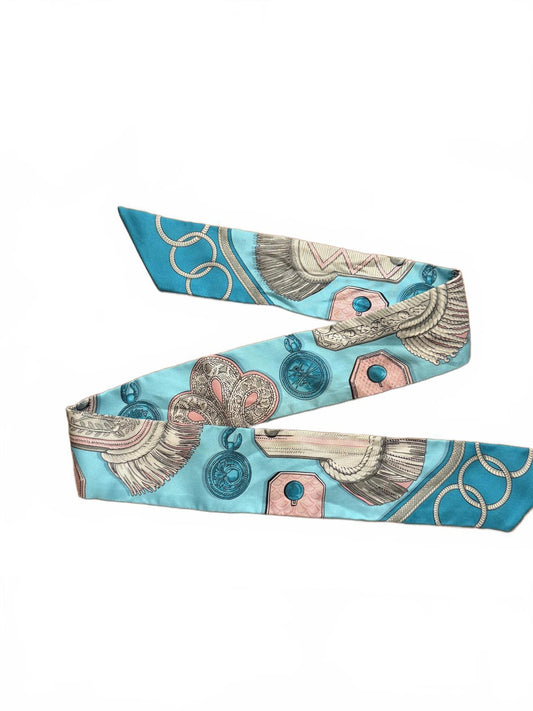 Hermes Blue Patterned Silk Twilly with box