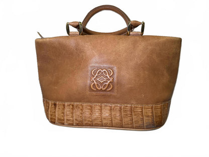 Loewe Brown Leather Tote Bag with Croc-Embossed Trim