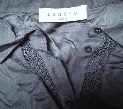 Sandro Black Sheer Long Sleeve Women's Blouse with Embroidered Detail, Large