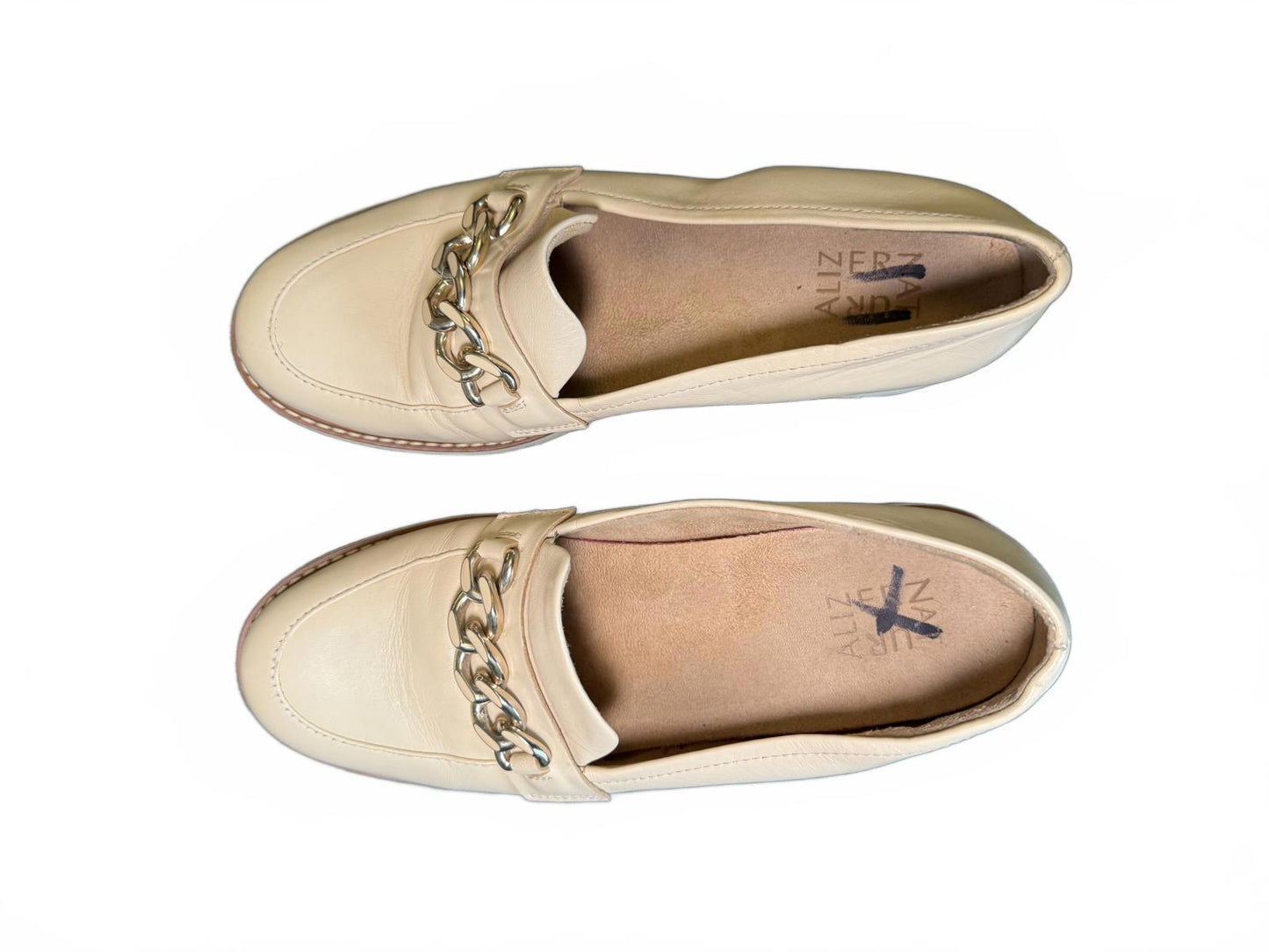 Naturalizer Beige Leather Loafers with Block Heel and Chain Detail, Size 8