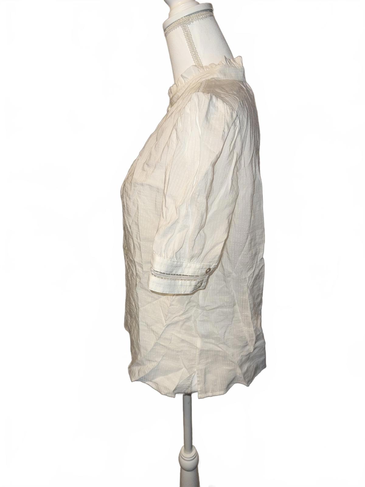 New FRAME White Short Sleeve Blouse with Ruffled Collar, Large