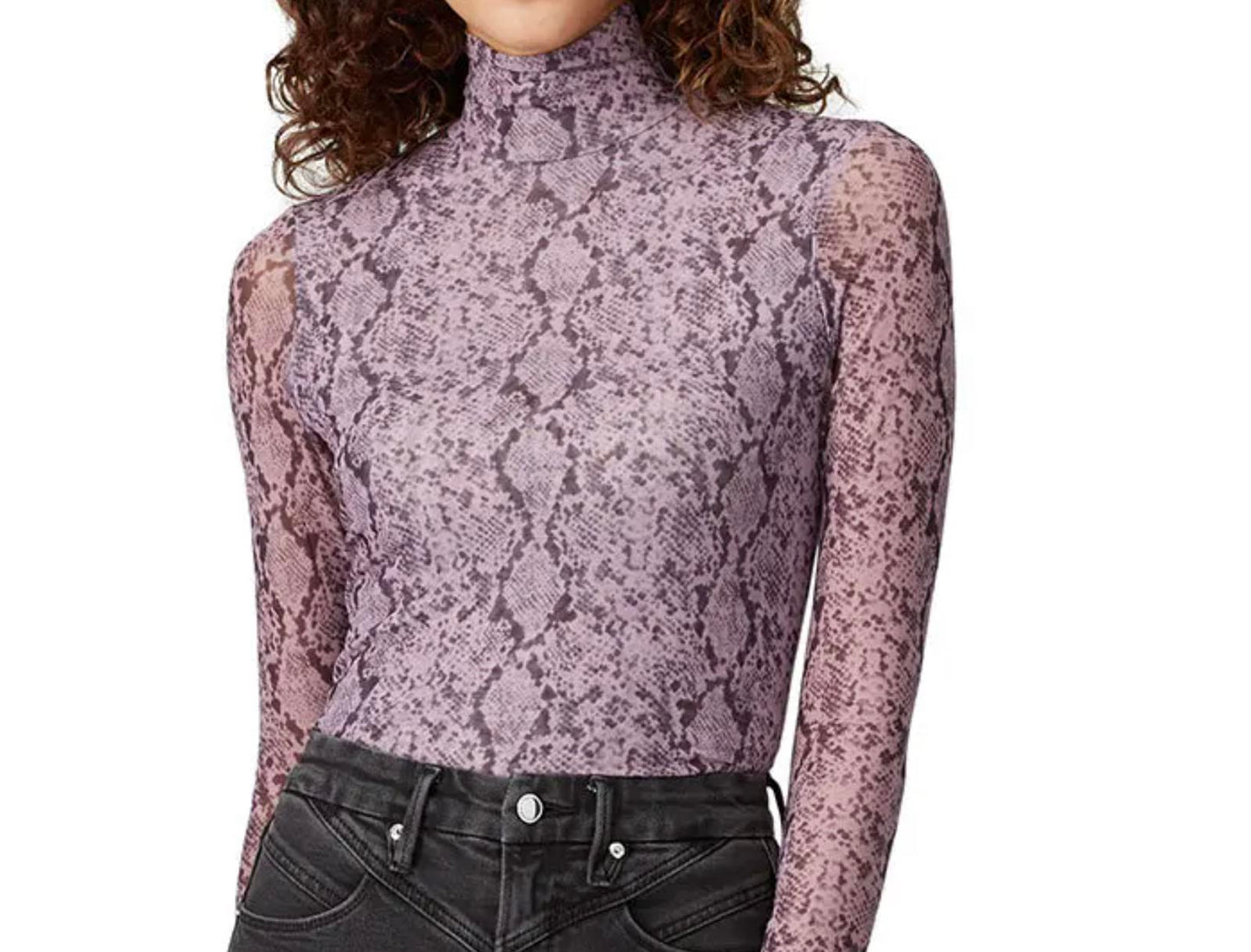 Cinq a Sept Mesh Long Sleeve Turtleneck Top with Snake Print, Large