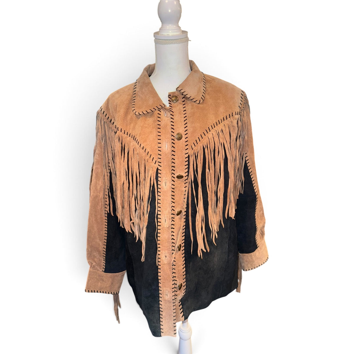 Bob Mackie Wearable Art Suede Leather Fringe Jacket Tan & Black, Large