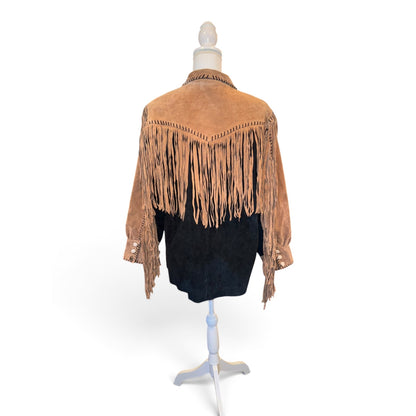 Bob Mackie Wearable Art Suede Leather Fringe Jacket Tan & Black, Large