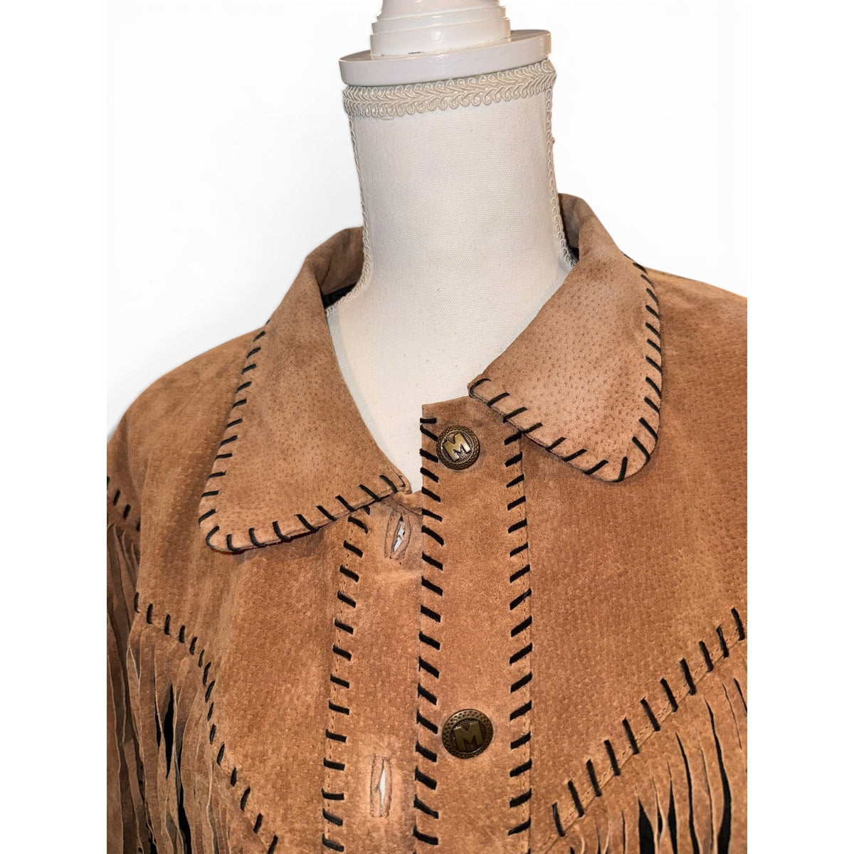 Bob Mackie Wearable Art Suede Leather Fringe Jacket Tan & Black, Large