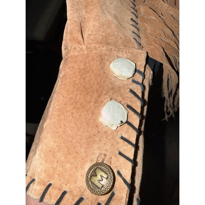 Bob Mackie Wearable Art Suede Leather Fringe Jacket Tan & Black, Large