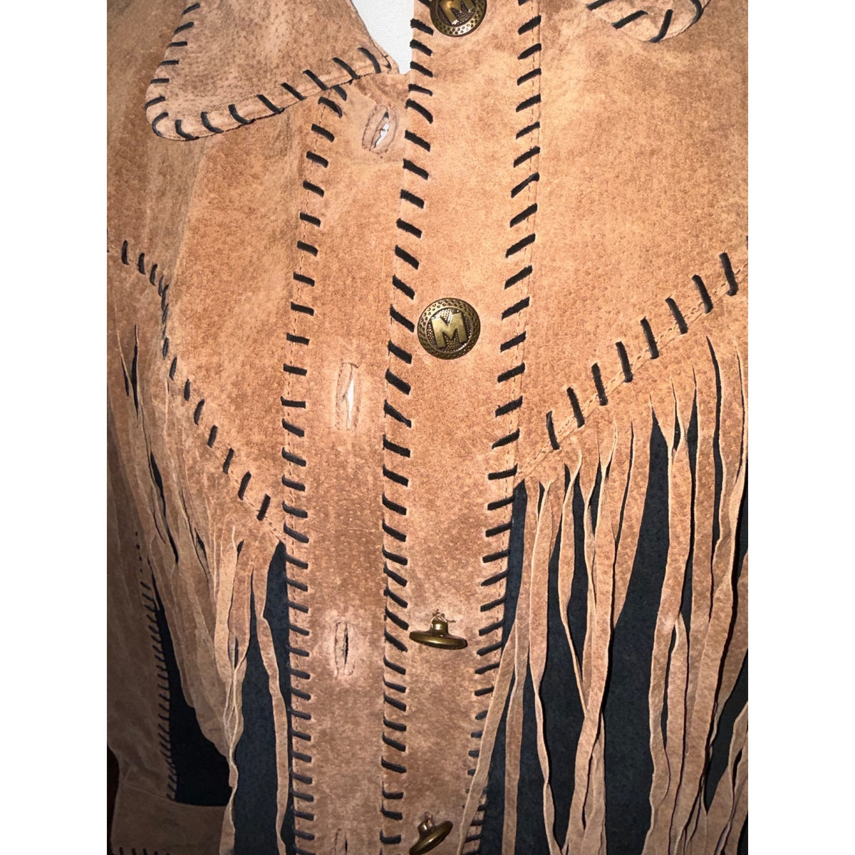 Bob Mackie Wearable Art Suede Leather Fringe Jacket Tan & Black, Large