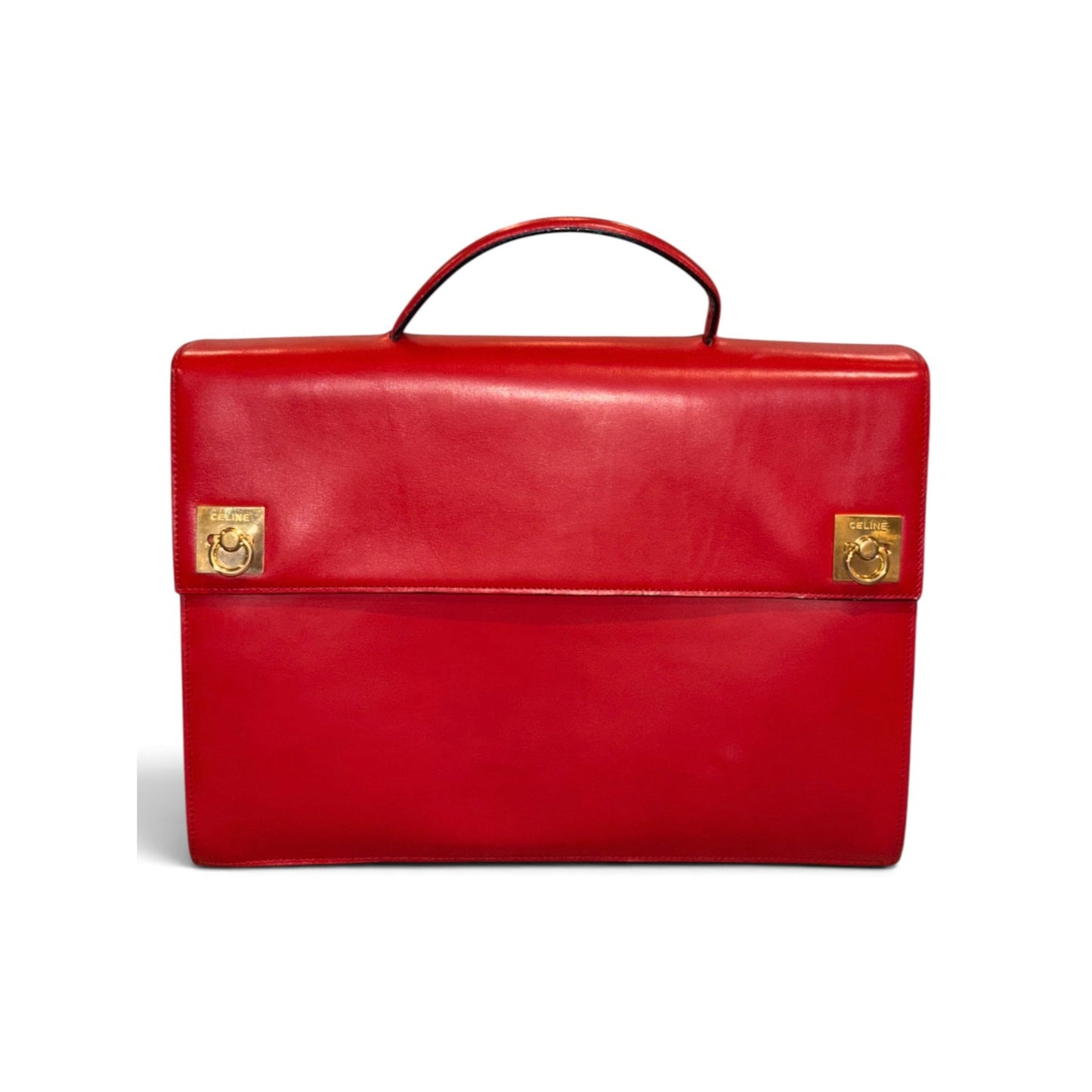 Celine Red Leather Vintage Briefcase With Gold Hardware with COA