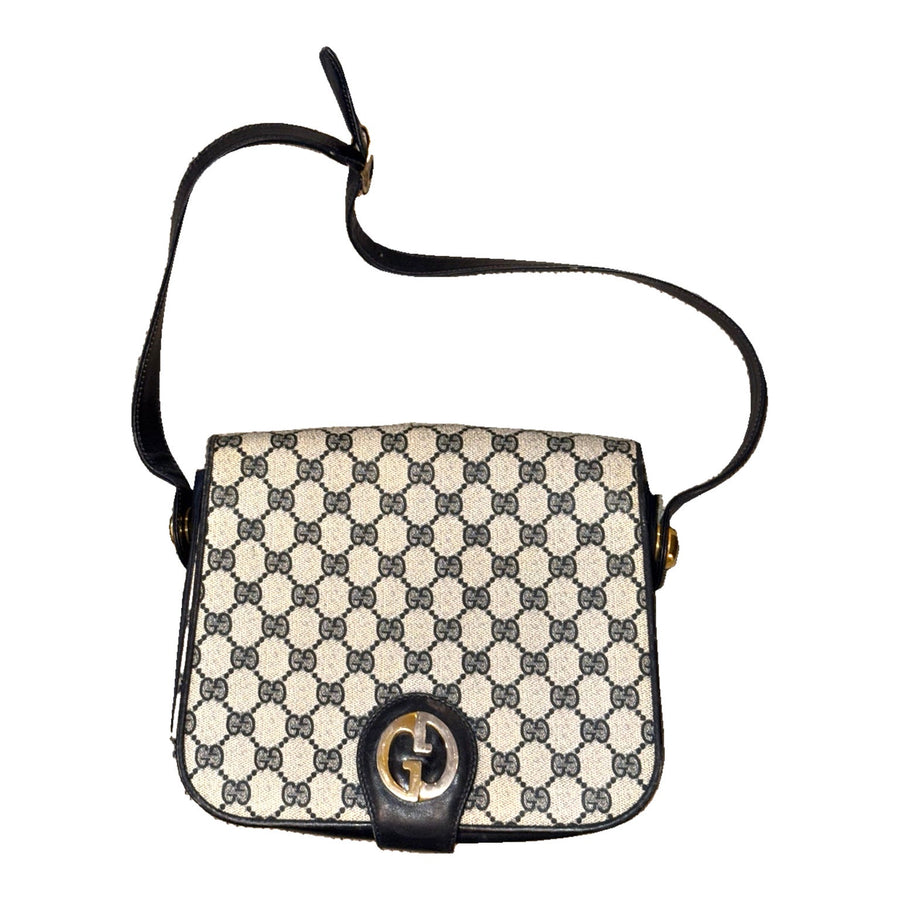 Gucci Blondie Flap Shoulder Bag Navy Leather Trim & Two-Tone G Clasp