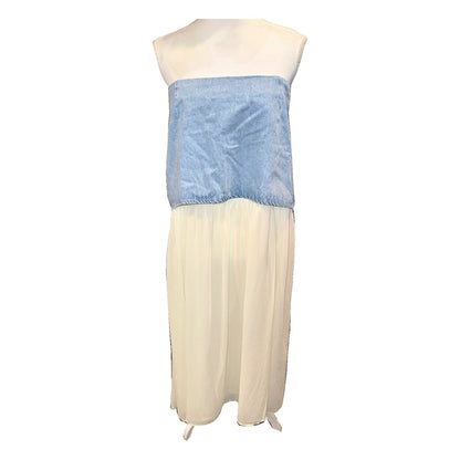 Front of the MESHKI Tully maxi skirt displayed high on a mannequin, with blue denim and a flowing ivory chiffon panel.