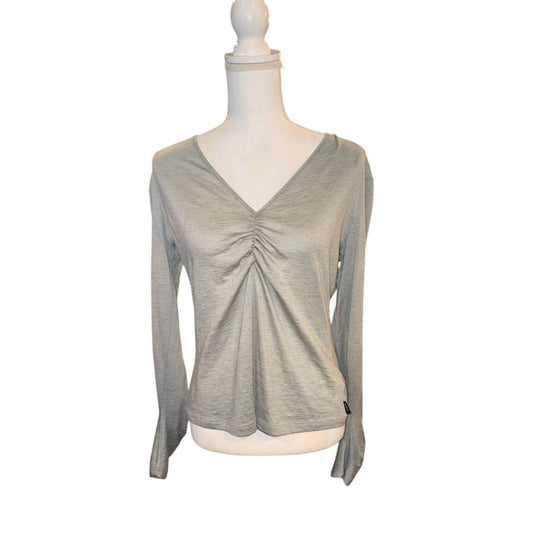 Akris Bergdorf Goodman Green/Gray Cashmere & Silk Long Sleeve V-Neck Top US Size 10