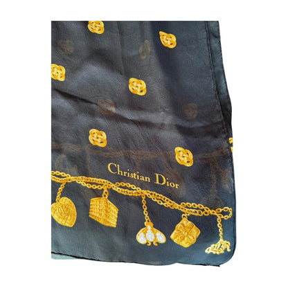 Christian Dior Black and Gold Charm Print Sheer Silk Scarf