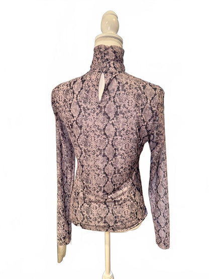 Cinq a Sept Mesh Long Sleeve Turtleneck Top with Snake Print, Large