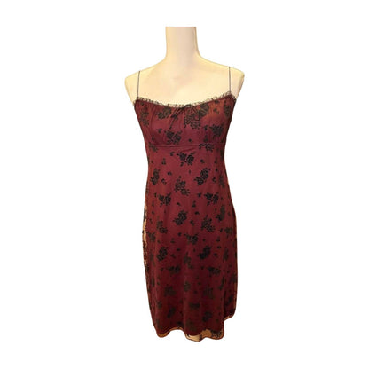 Y2k Burgundy Floral Mini Slip Dress with Spaghetti Straps, Small