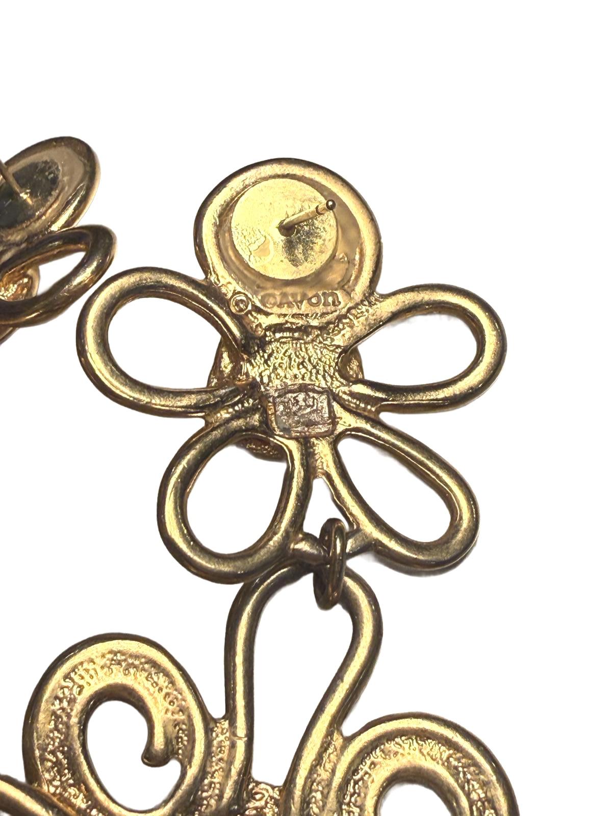 Avon Vintage Gold Tone Flower Dangle Earrings with Pink Rhinestones