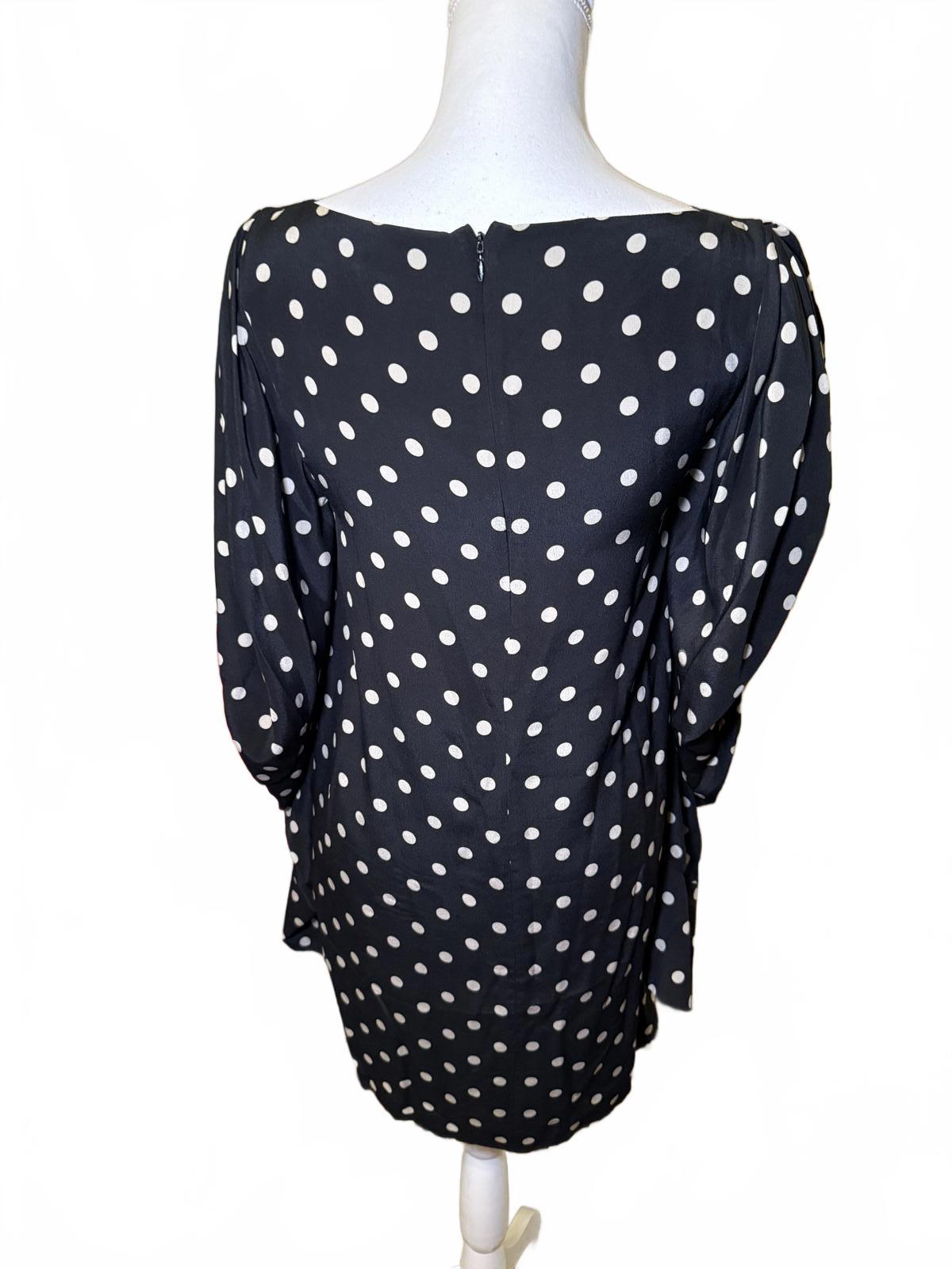 New Nina Ricci Black and White Polka Dot Long Sleeve Silk Dress, FR 36