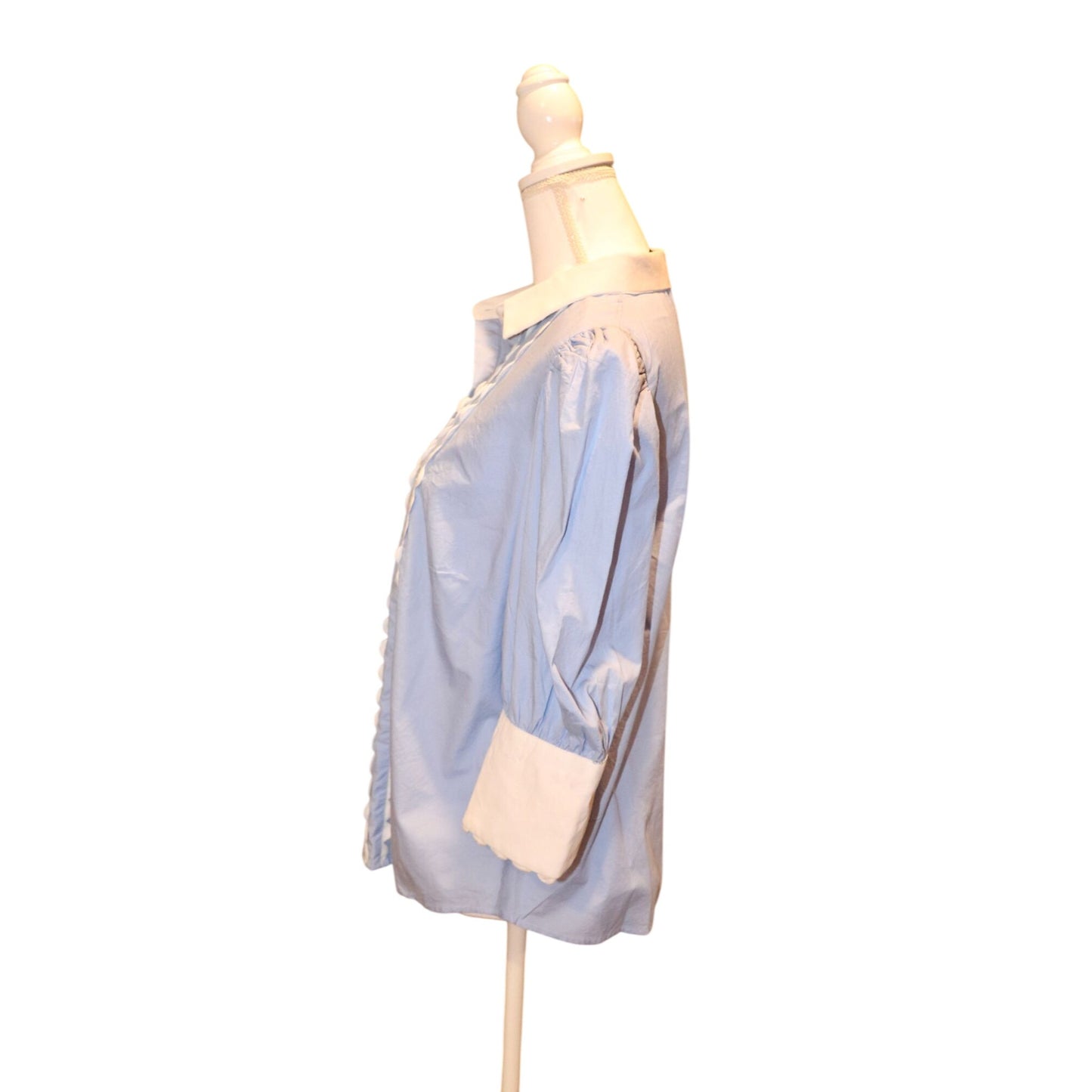 Gretchen Scott Blue & White Scallop Trim Cotton Blouse, Medium NWT