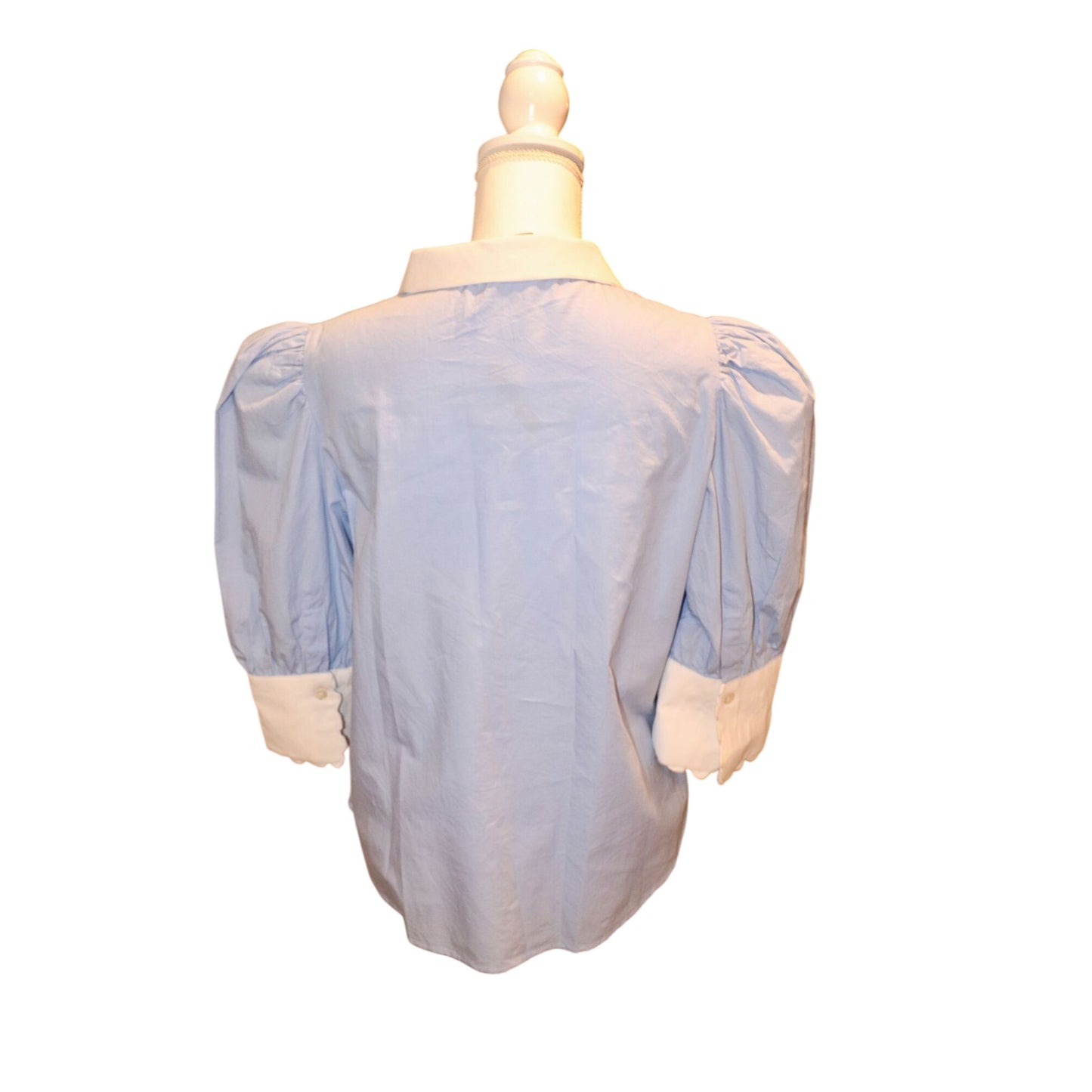 Gretchen Scott Blue & White Scallop Trim Cotton Blouse, Medium NWT