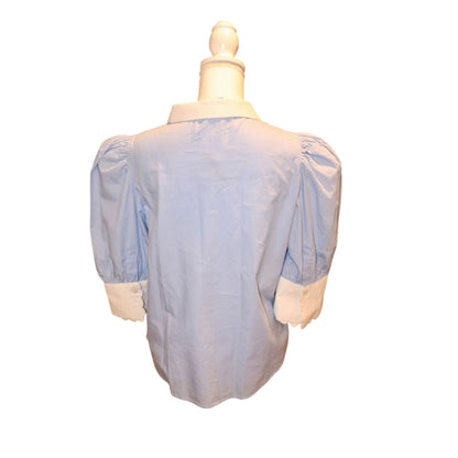 Gretchen Scott Blue & White Scallop Trim Cotton Blouse, Medium NWT