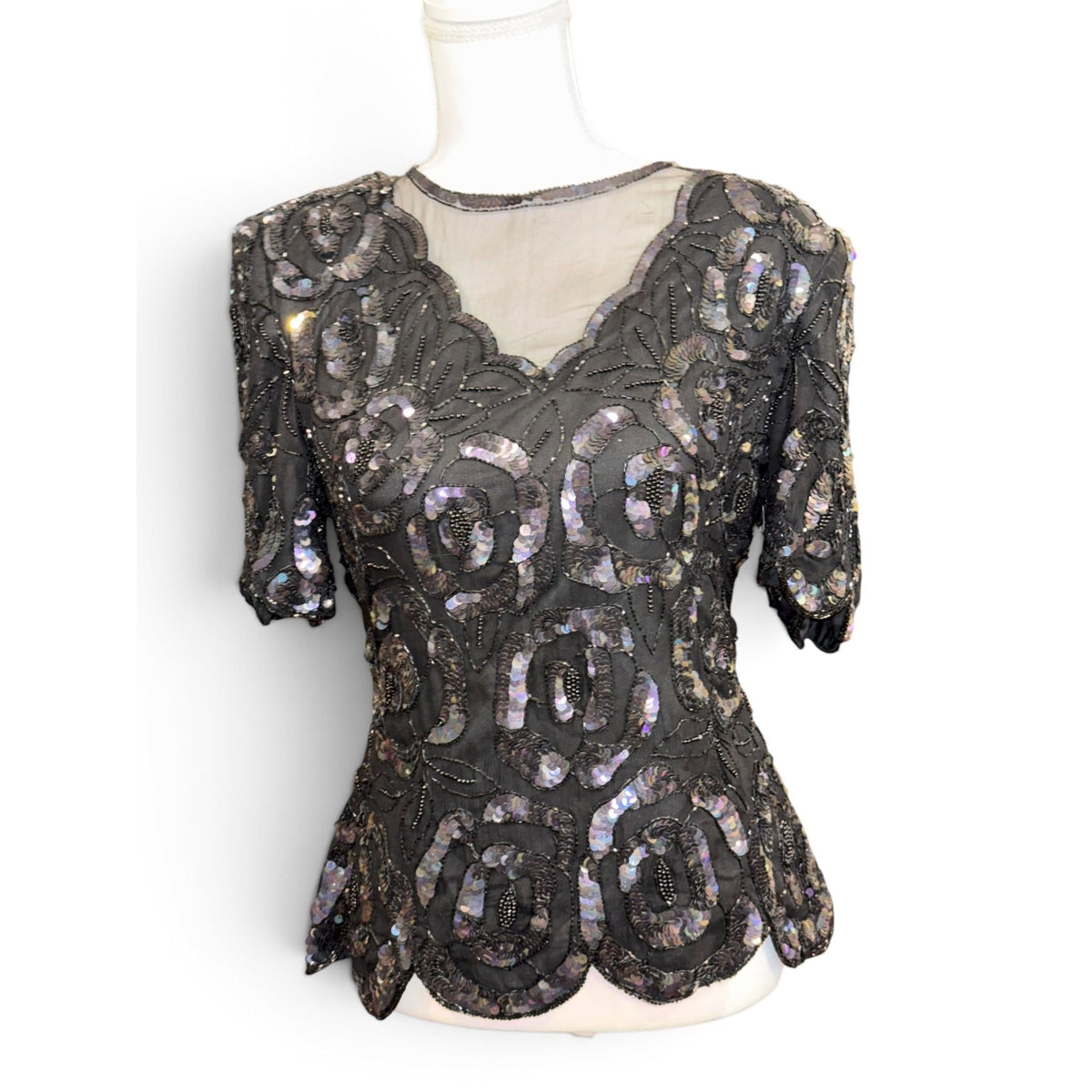 Vintage Scala Black Beaded Silk Top With Sequin Rose Design & Scalloped Hem Size M