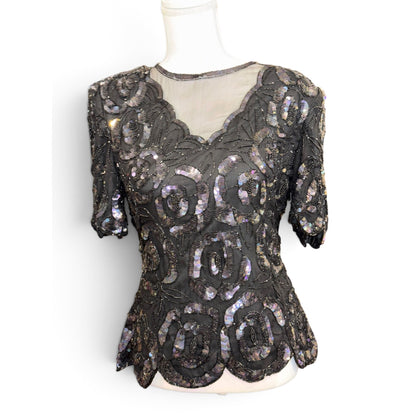 Vintage Scala Black Beaded Silk Top With Sequin Rose Design & Scalloped Hem Size M