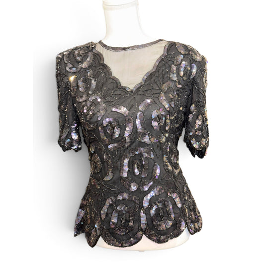 Vintage Scala Black Beaded Silk Top With Sequin Rose Design & Scalloped Hem Size M