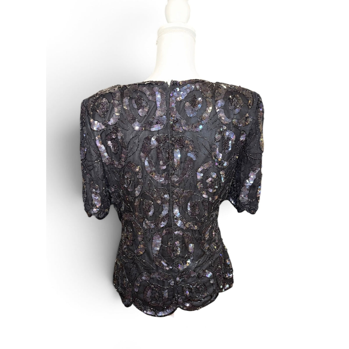 Vintage Scala Black Beaded Silk Top With Sequin Rose Design & Scalloped Hem Size M