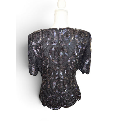 Vintage Scala Black Beaded Silk Top With Sequin Rose Design & Scalloped Hem Size M