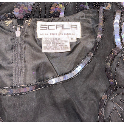 Vintage Scala Black Beaded Silk Top With Sequin Rose Design & Scalloped Hem Size M