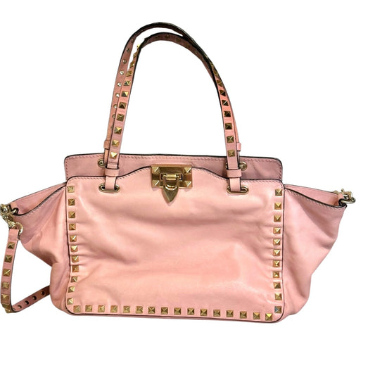 Valentino Garavani Pink Leather Rockstud Trapeze Small Tote Bag with COA