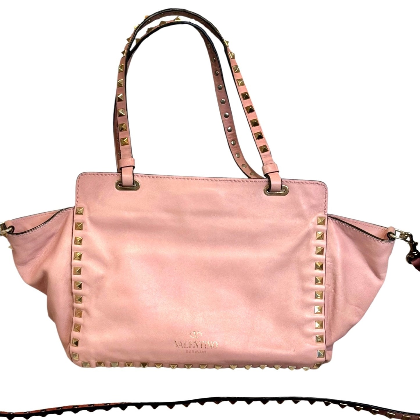 Valentino Garavani Pink Leather Rockstud Trapeze Small Tote Bag with COA