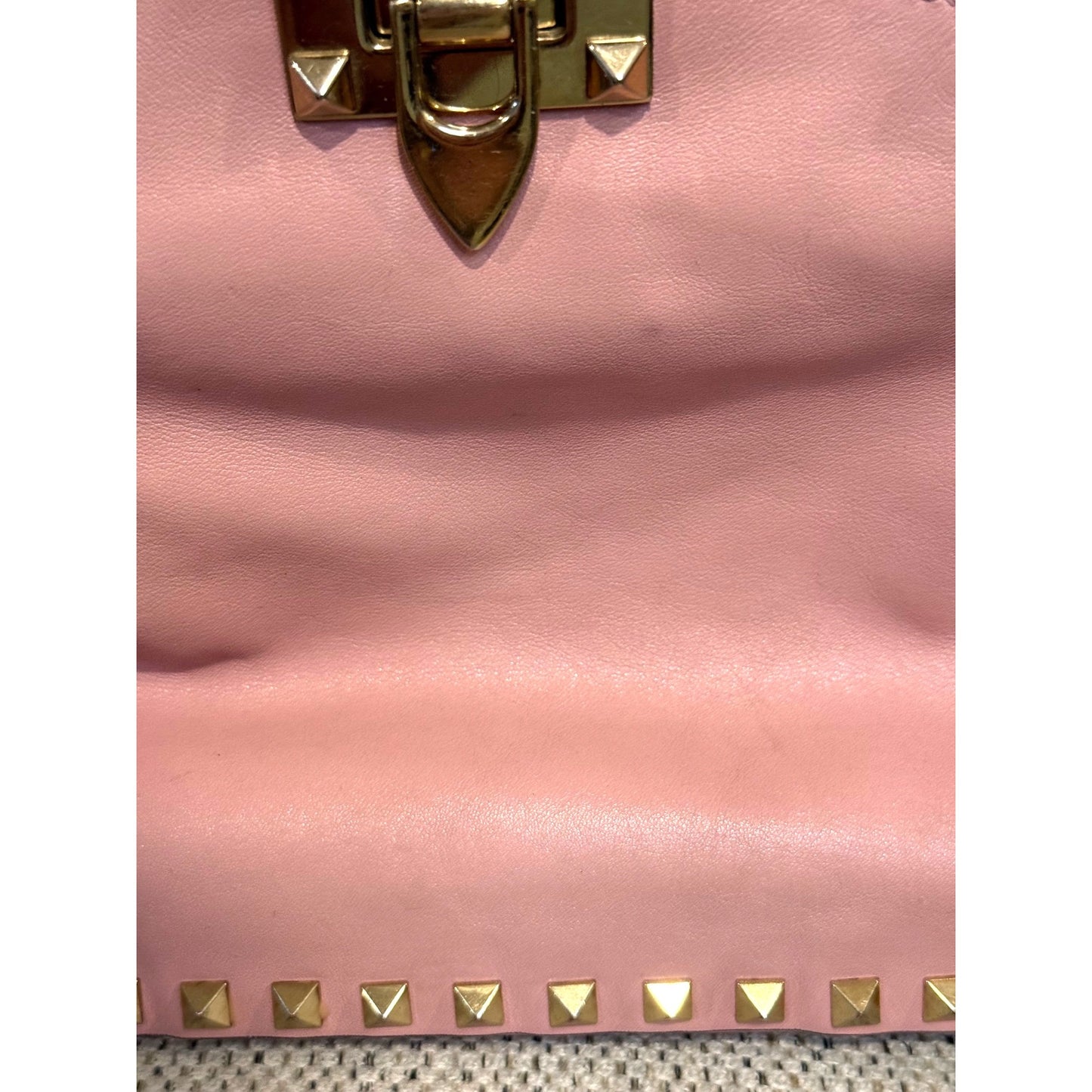 Valentino Garavani Pink Leather Rockstud Trapeze Small Tote Bag with COA
