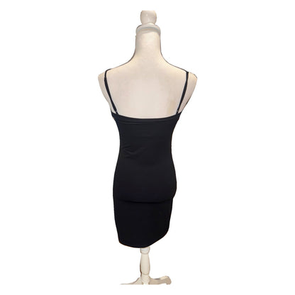 Back of the black Favorite Daughter slip dress with thin shoulder straps and a low straight back.