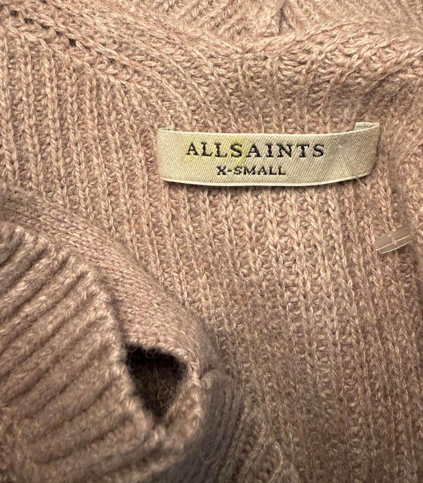 All Saints Dasha Sweater Beige Cold-Shoulder Ribbed Knit Sweater, XS (oversized)