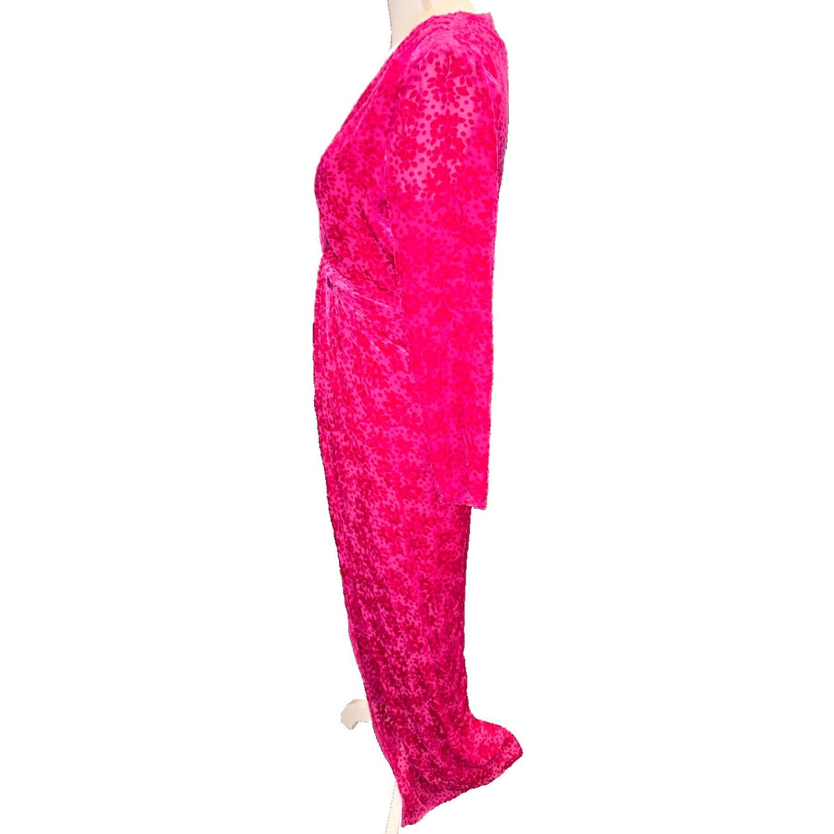 Side view of the fuchsia Veronica Beard Ruthie dress, showing long sleeves and the fitted, draped silhouette.