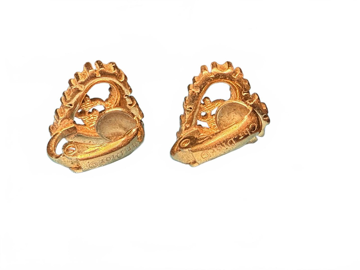 Vintage Gold-Tone Christian Dior Heart-Shaped Clip-On Earrings with Rhinestones