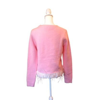 English Factory Pink Feather Trim Long Sleeve Sweater S 100% Polyester Womens Crewneck
