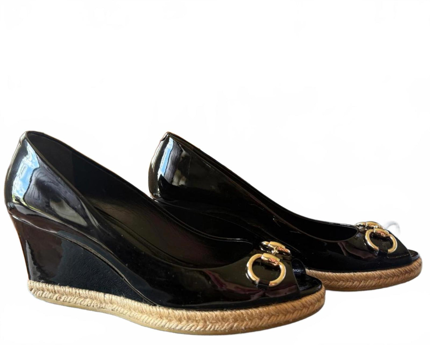 Gucci Black Patent Leather Wedge Heels with Gold Horsebit Detail, EU 39