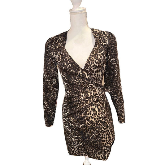Front of the Essentiel Antwerp Troubles leopard-print dress with V-neck, long sleeves and draped waist.