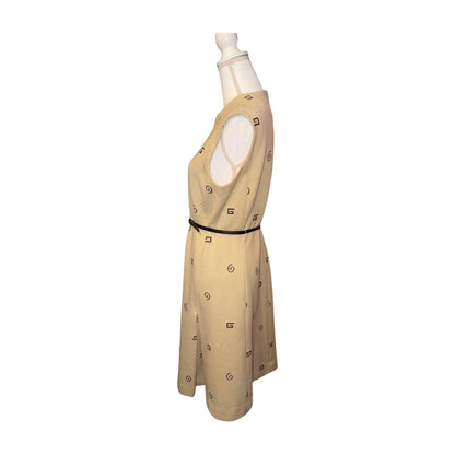 Vintage Sleeveless Tan Dress with Black Belt and Geometric Pattern, Large