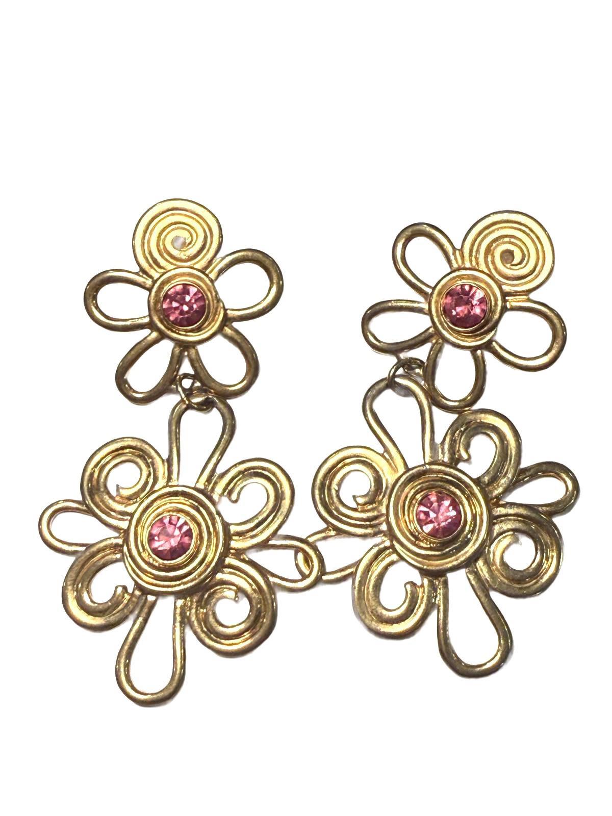 Avon Vintage Gold Tone Flower Dangle Earrings with Pink Rhinestones