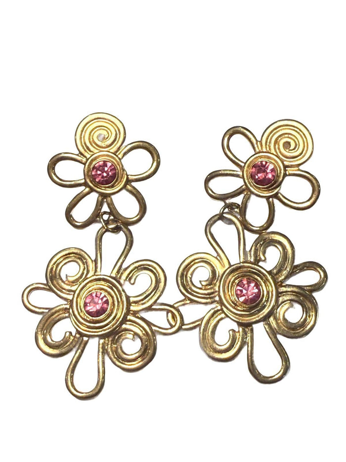 Avon Vintage Gold Tone Flower Dangle Earrings with Pink Rhinestones