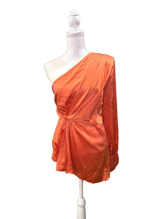 Cinq a Sept One-Shoulder Long Sleeve Silk Blouse in Orange, Large